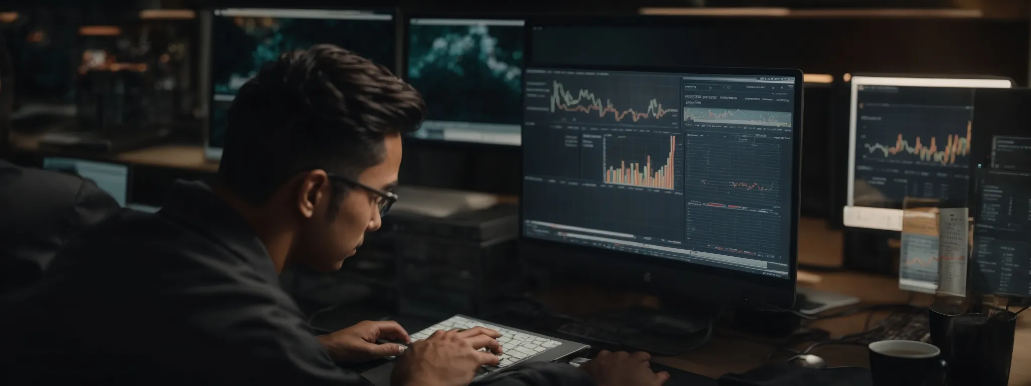 a digital marketer examines analytics on a computer screen, displaying an upward trend in website traffic.