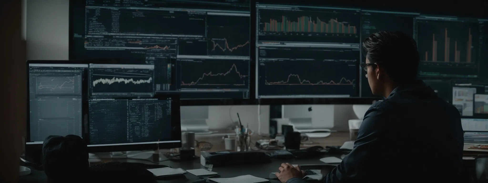 a person sitting at a desk filled with charts and graphs on a computer screen displaying seo analytics.