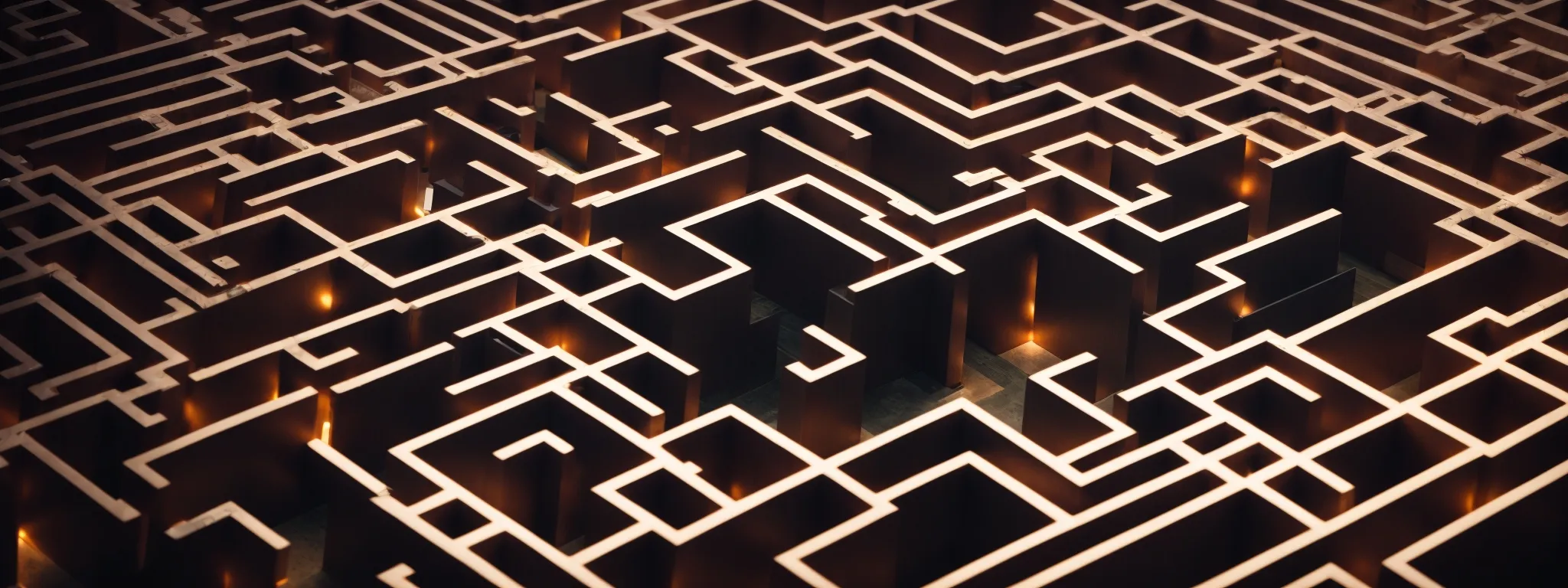 an overhead view of a complex maze with multiple entry points leading to a central glowing prize.