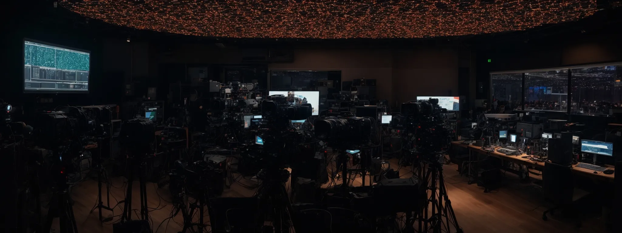 a bustling video production set with a camera facing a glowing screen displaying an intricate neural network pattern.