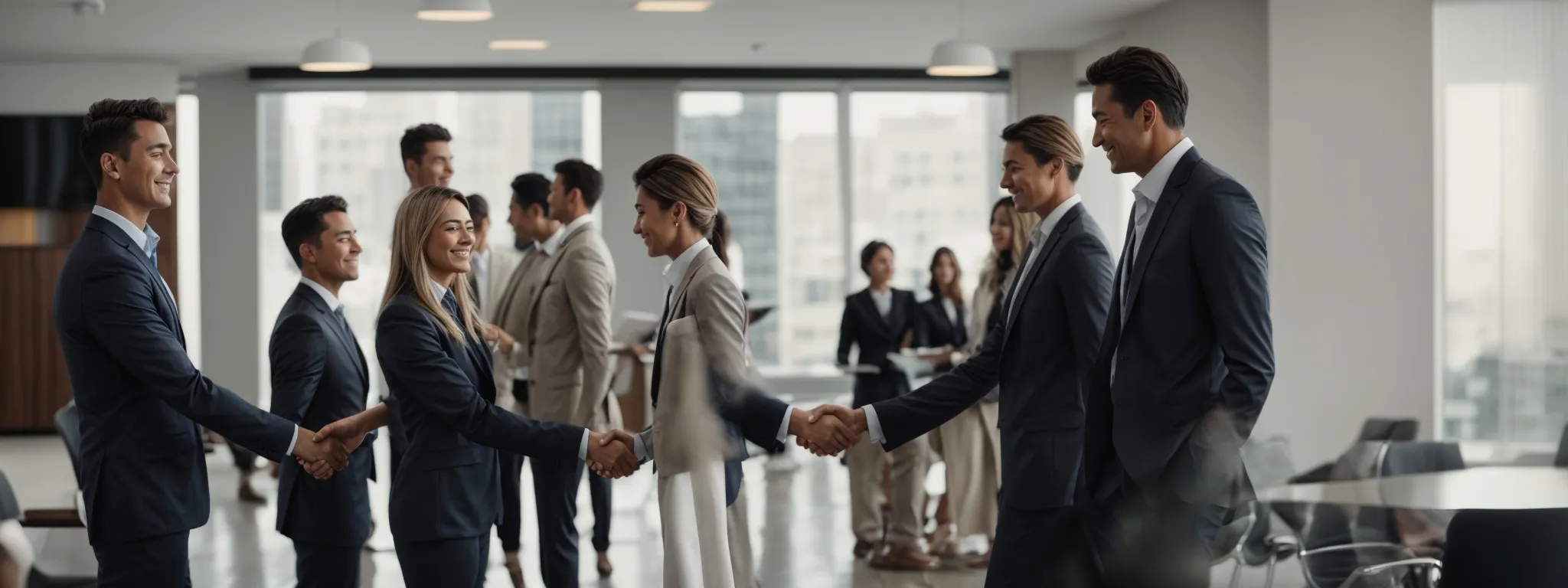 a business team shaking hands at the end of a successful meeting in a bright modern conference room.