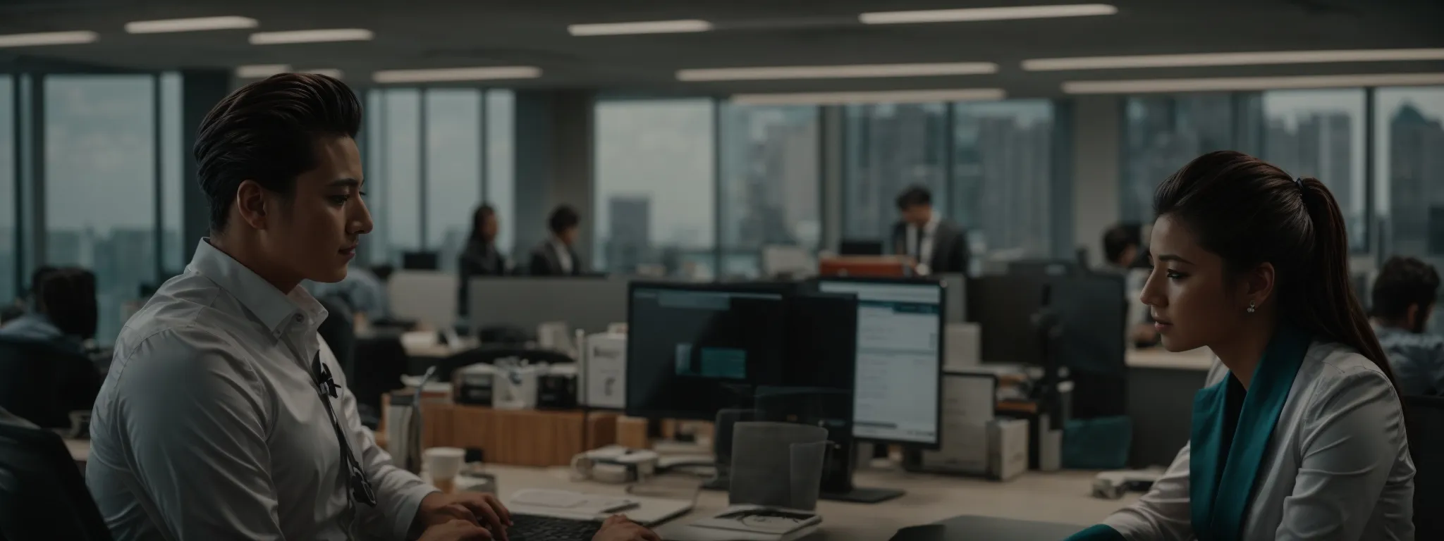 two marketing professionals are discussing strategies over a computer in a modern office setting.