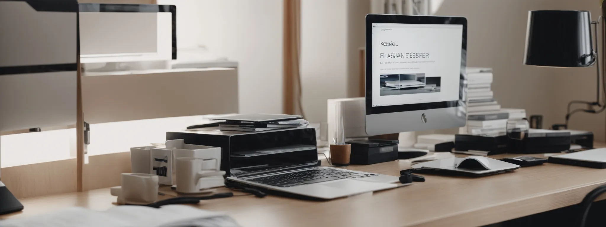 a minimalist workspace with a clearly structured file organizer and a computer displaying a clean website layout on the screen.