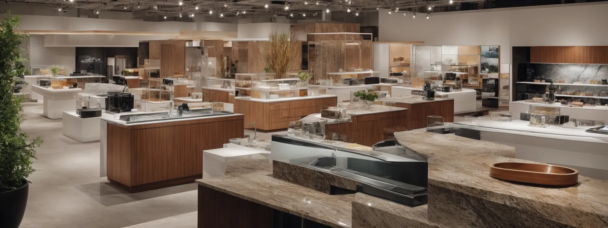 a showroom filled with various styles of countertops draws the attention of a couple browsing for home renovations.