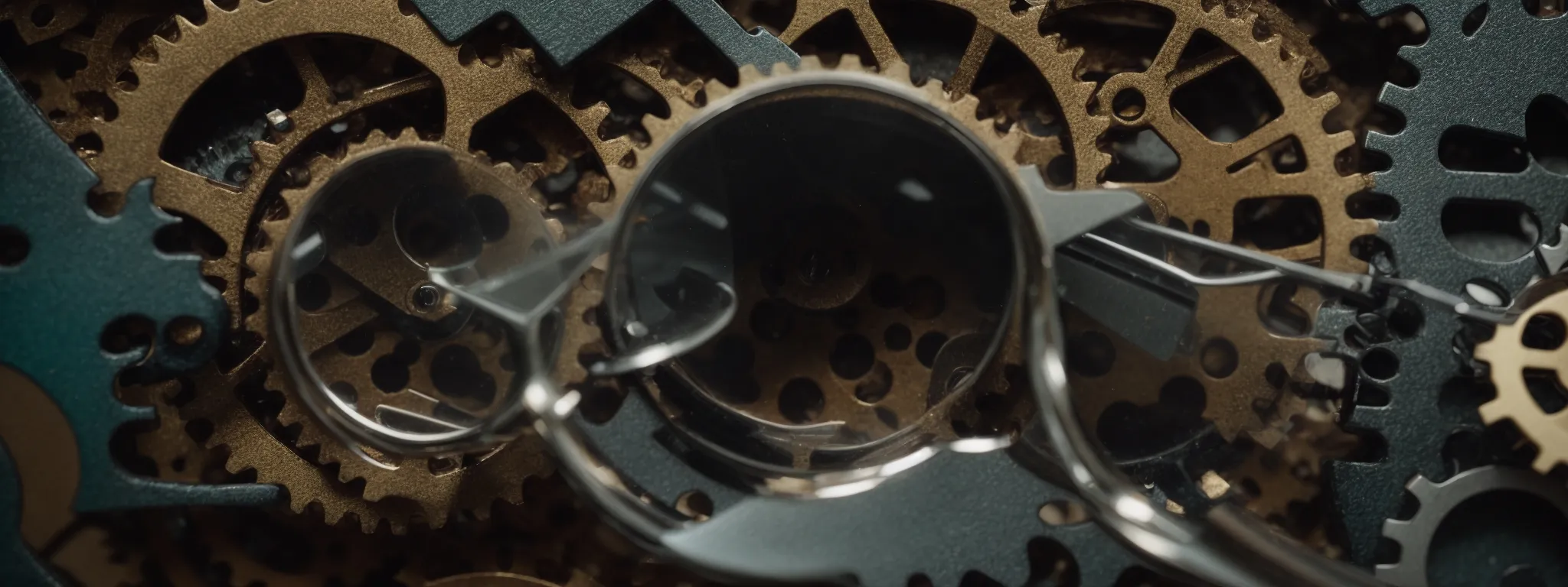 a magnifying glass hovering over a puzzle of interconnected gears symbolizing strategic search engine optimization methods.