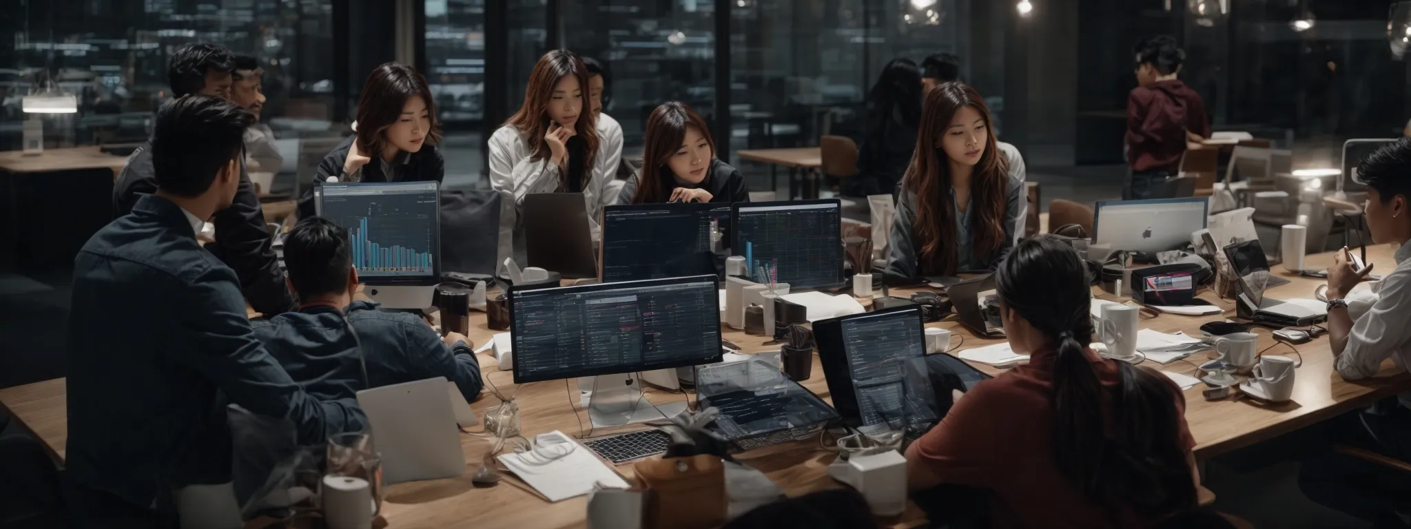 a diverse group of marketers collaborates around a large table, with laptops and digital devices, analyzing graphs and charts displayed on a screen.
