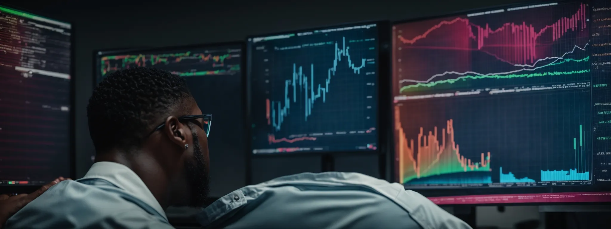 a marketing professional analyzes colorful graphs and charts on a computer monitor, reflecting robust data analytics.
