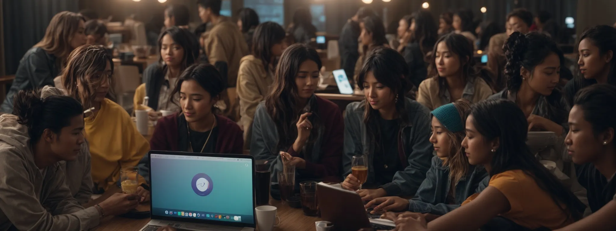 a vibrant online community engaged in a thoughtful discussion surrounded by digital devices and icons representing connectivity and content sharing.