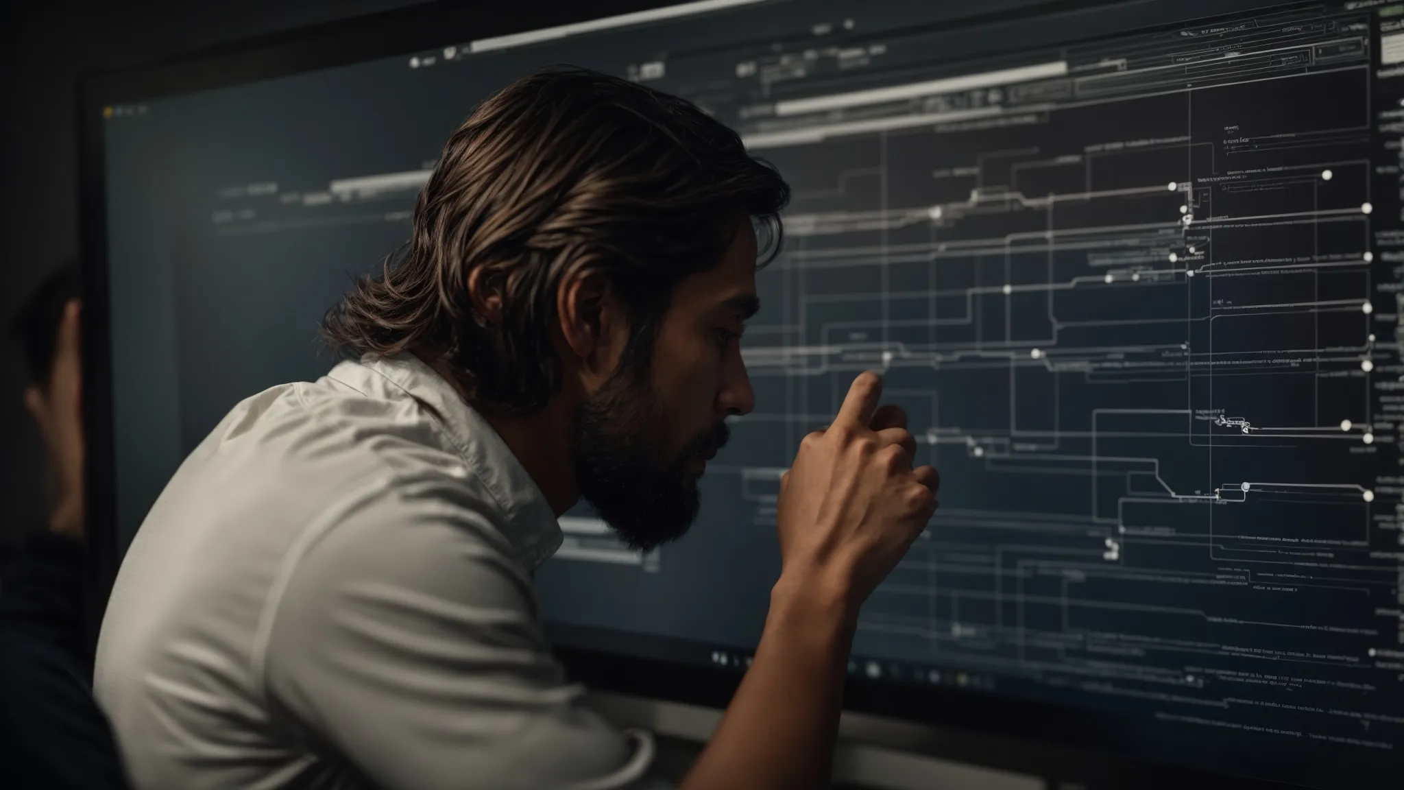 a web developer reviews a flowchart of website connections on a computer screen, scratching his head in puzzlement.