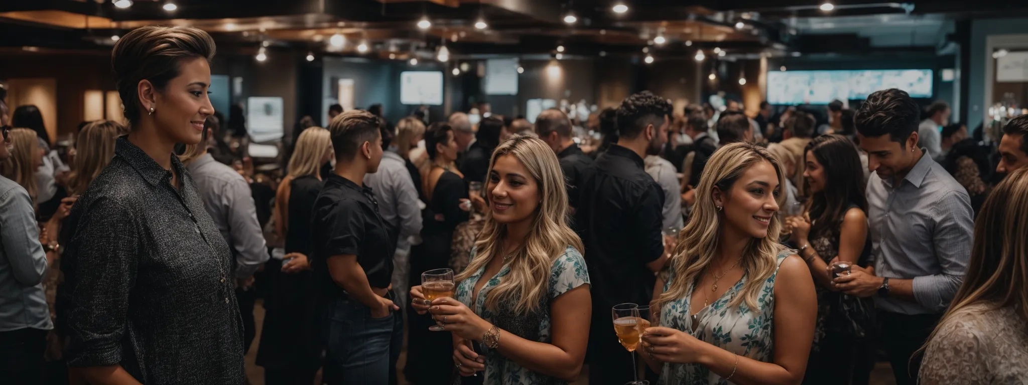 A large group of people gather indoors at a social event, with several guests holding drinks and engaging in conversation.
