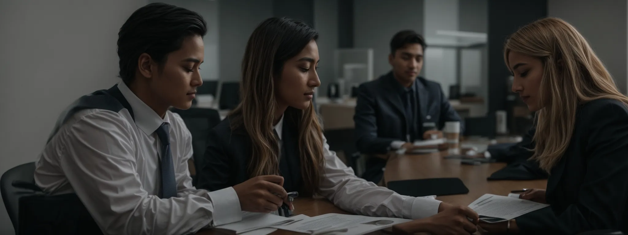 two professionals sitting opposite each other, one holding a resume, in a modern office during a job interview discussion.