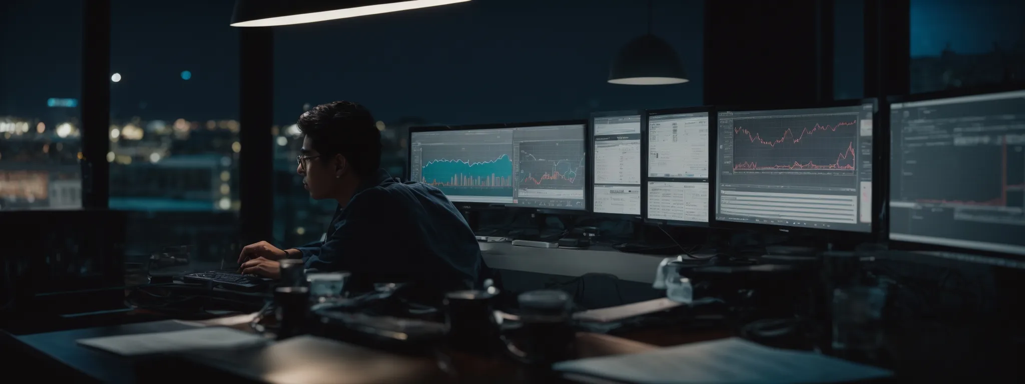 a person sitting at a computer, intently studying graphs and data analytics on search engine optimization.