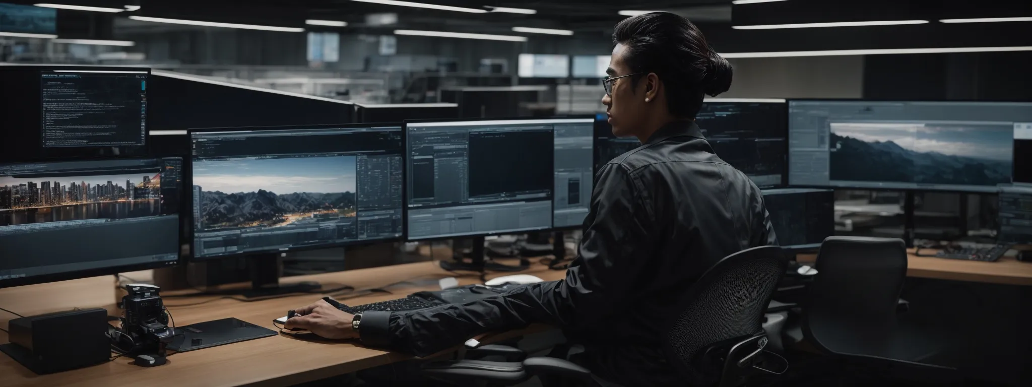 a professional at a sleek workstation with dual monitors displays the google homepage on one screen and a search analytics dashboard on the other.