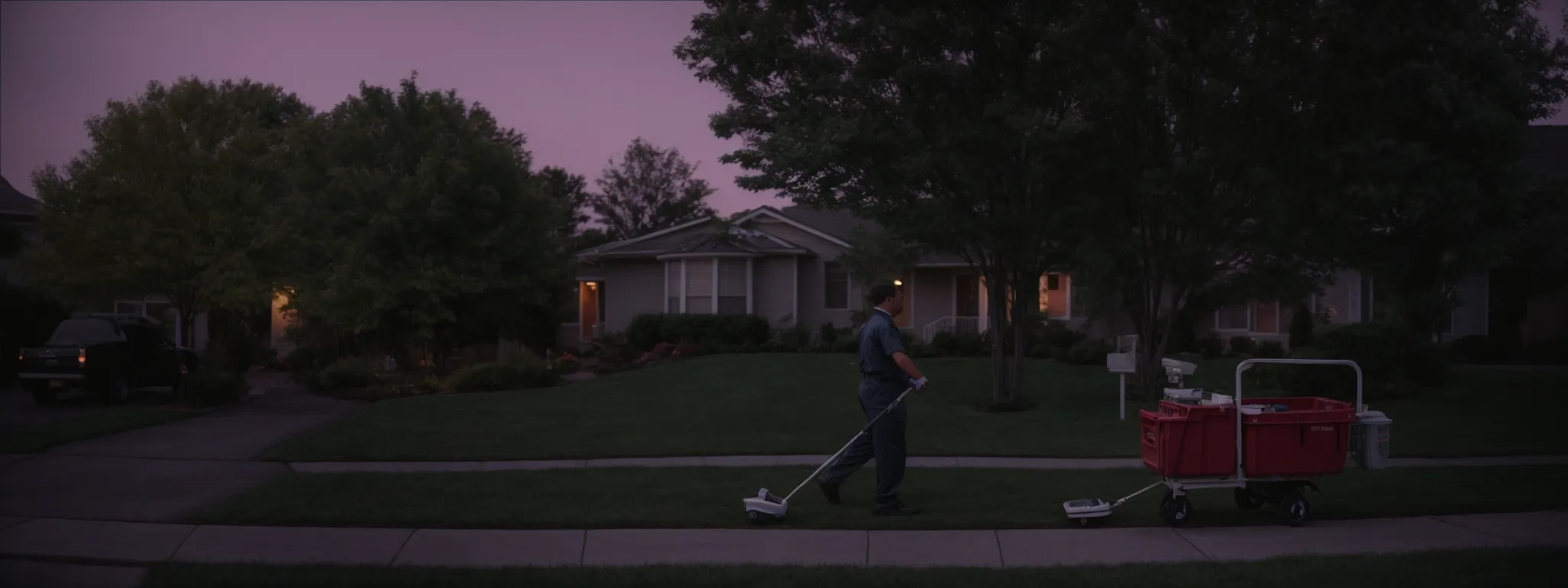 a janitor pushing a cleaning cart outside a suburban home at twilight.