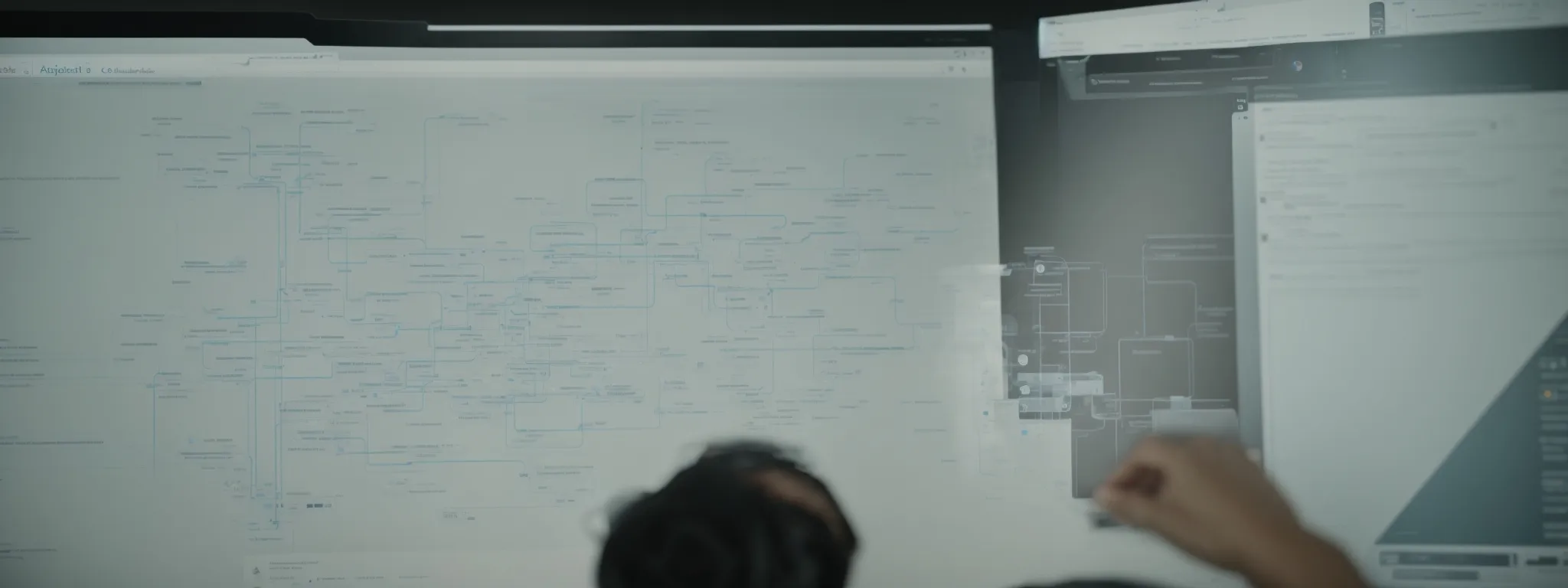 a webmaster attentively observes a complex flowchart detailing google's search algorithm processes on a computer screen.