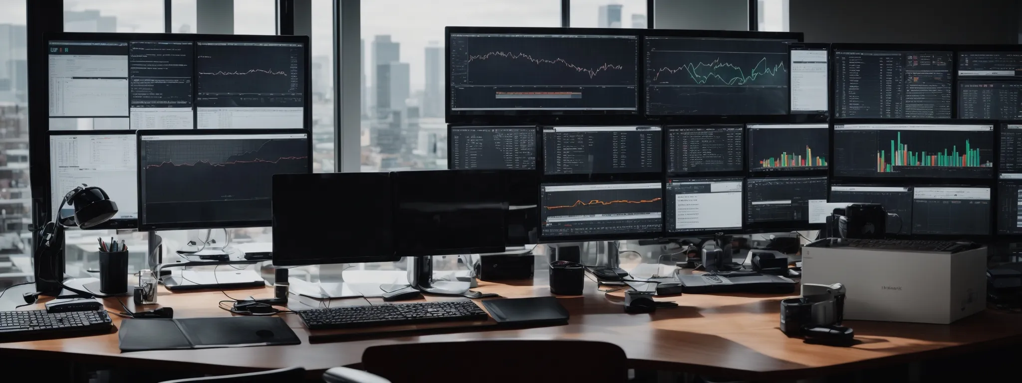 a modern office setup with multiple computer screens displaying analytics and seo tools.