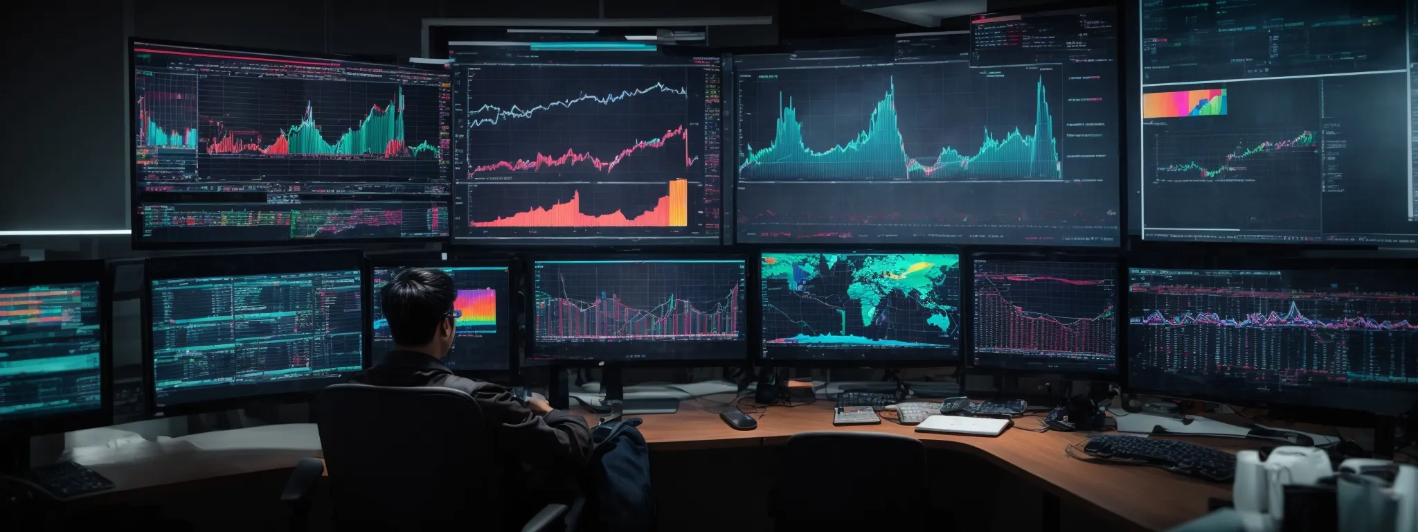 a person seated at a modern workspace, surrounded by multiple screens displaying colorful charts and analytical data.