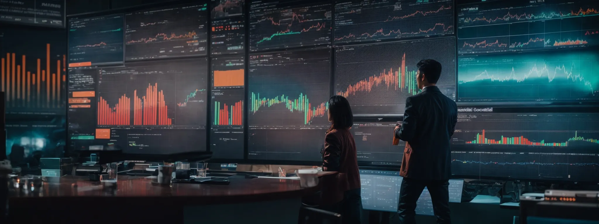 a marketer observes a vibrant social media analytics dashboard reflecting growing engagement and reach metrics.