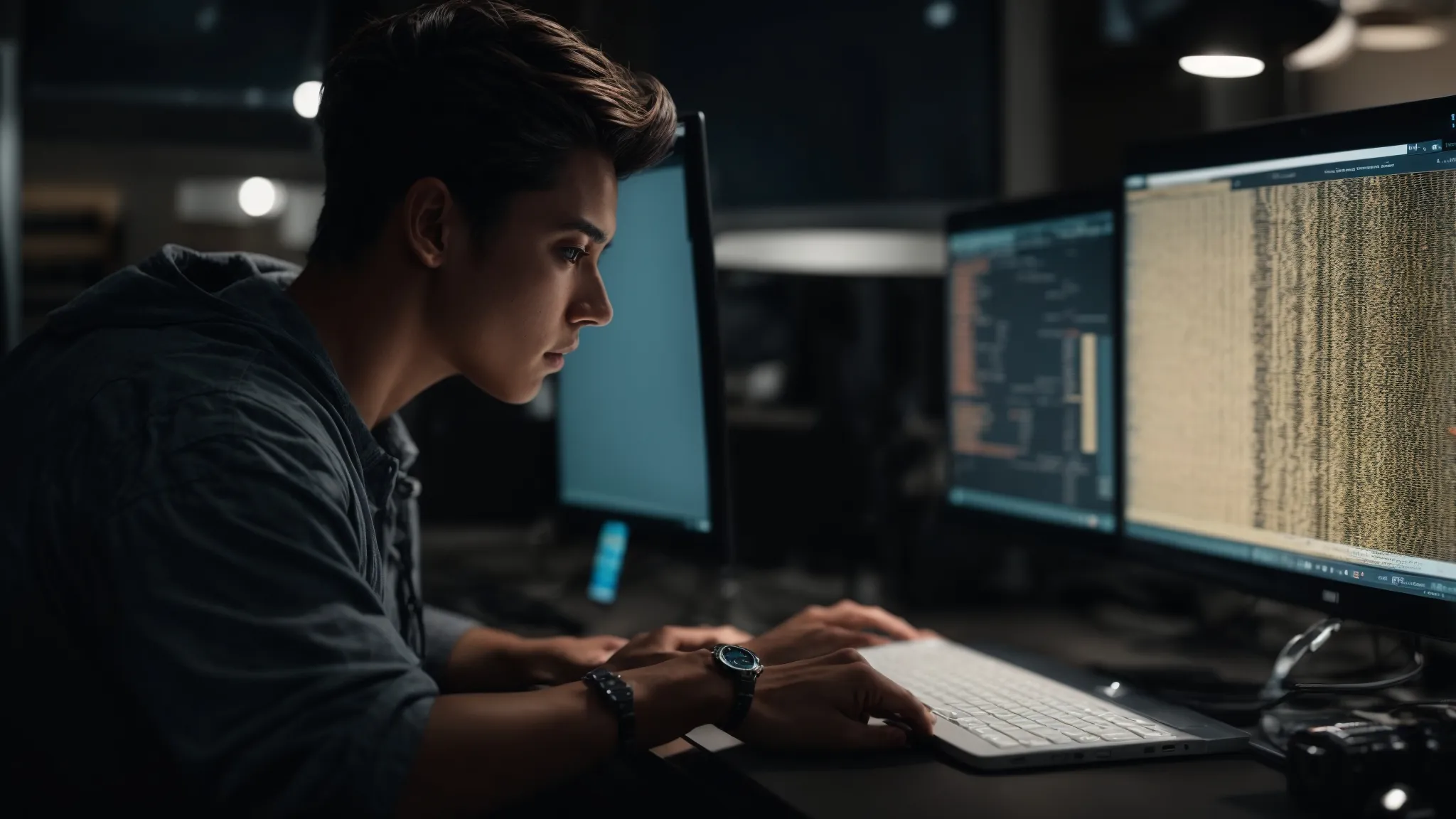 a person sitting at a computer analyzing a website's html code for better search engine visibility.