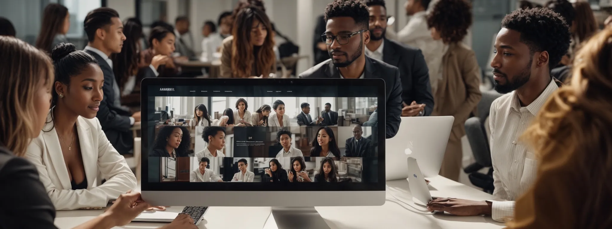 a diverse group of people interacts with a sleek, mobile-responsive website on various devices in a bright, modern office.