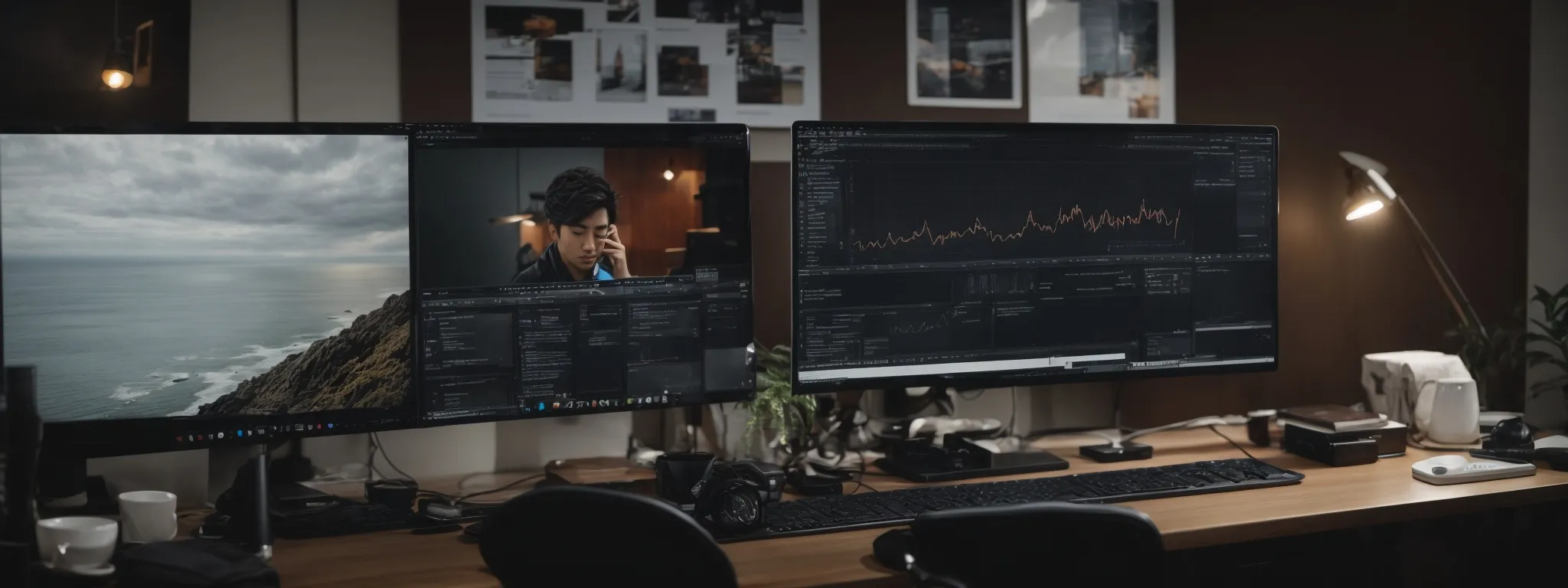 a web designer sits at a modern workspace, engaging with a sophisticated seo dashboard on a computer screen, orchestrating a broken link building campaign.