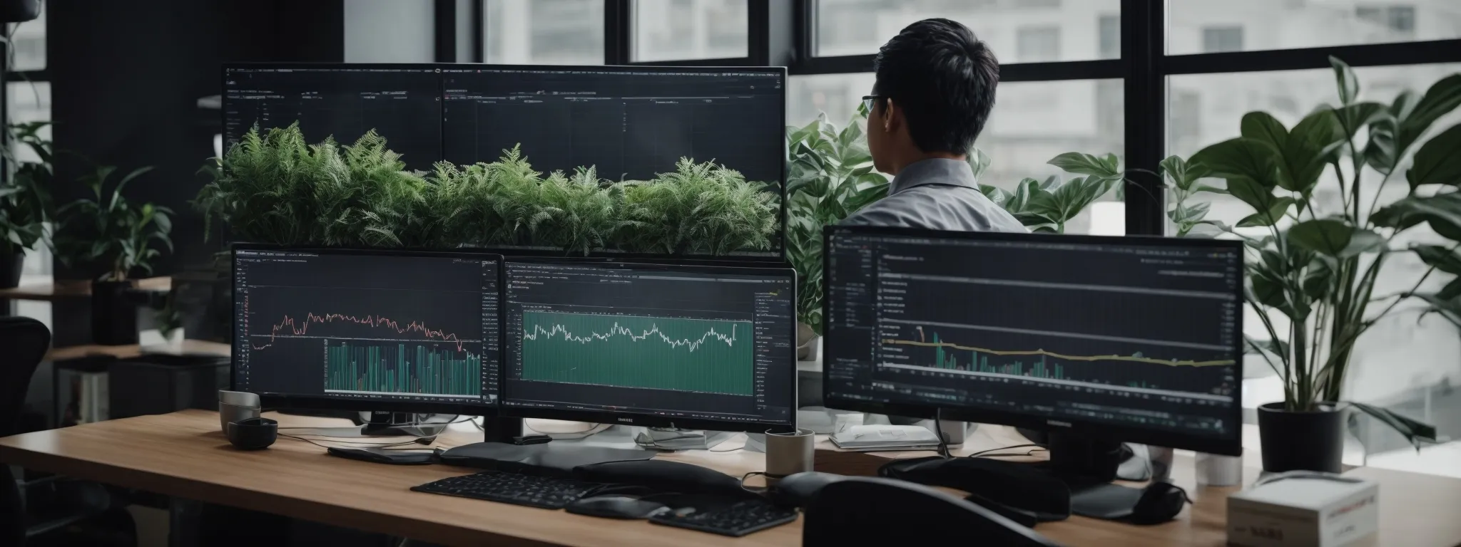 a person sits at a modern workspace with dual monitors displaying graphs and data analytics, surrounded by marketing strategy books and a plant for a touch of greenery.