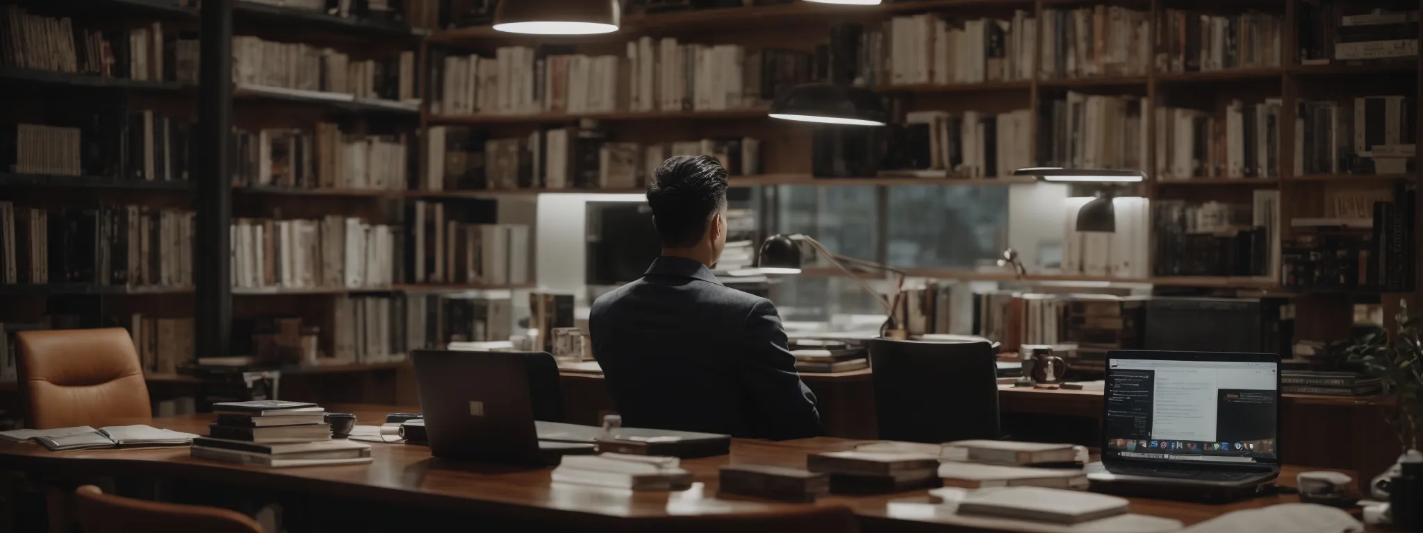 a person sits at a spacious desk with an open laptop, surrounded by books on seo and digital marketing, deeply focused on constructing a well-crafted article.