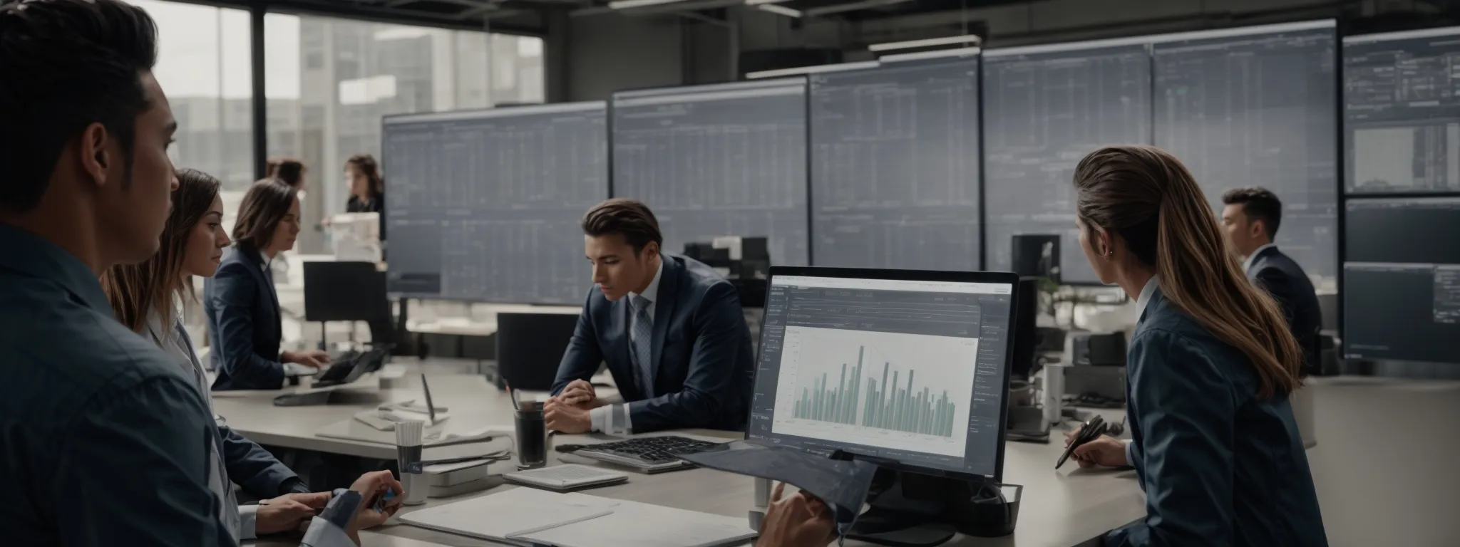 People in business attire work in a modern office with large monitors showing data charts and analytics. One screen in the foreground displays a vertical bar graph.