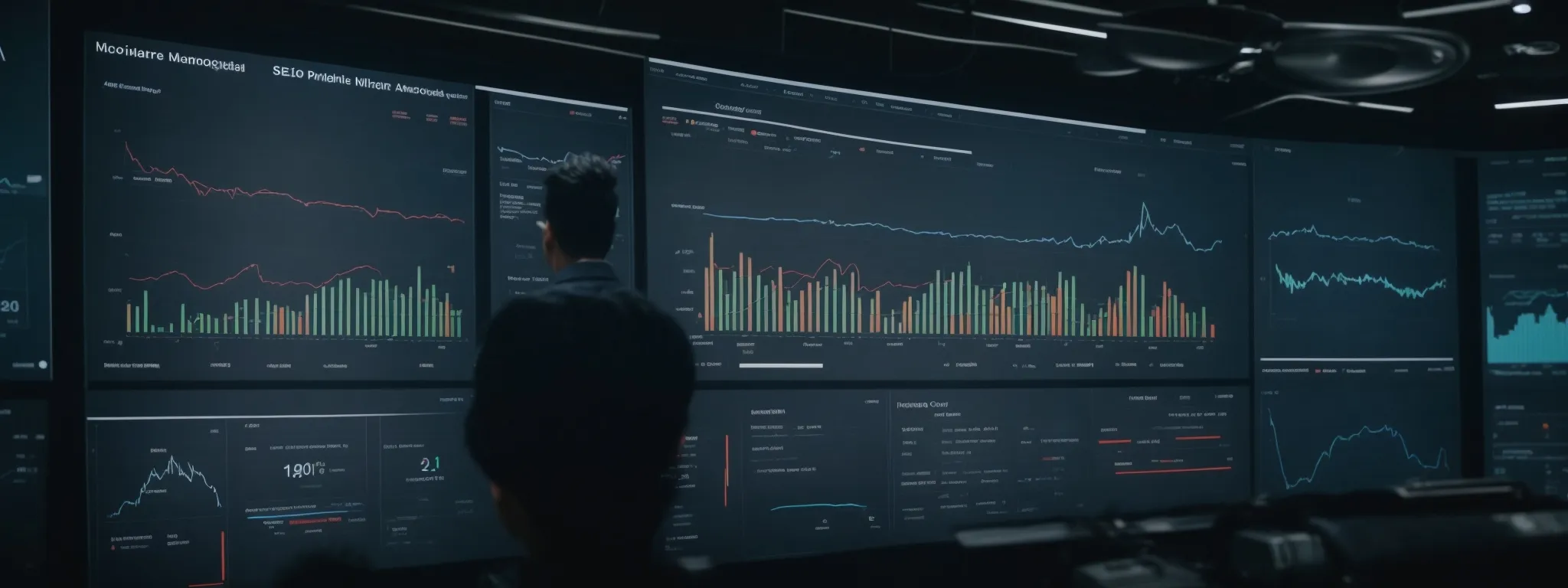 a marketer examines a complex digital dashboard displaying seo trends and predictive analytics graphs.
