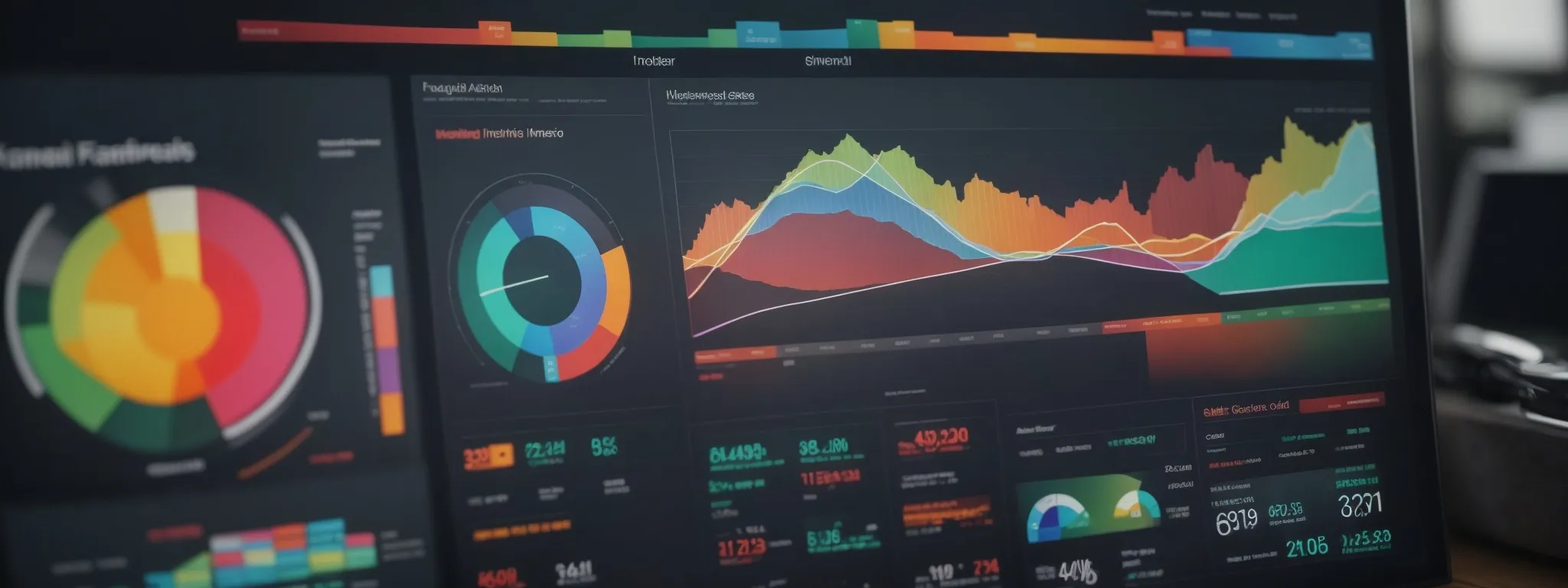 a comprehensive analytics dashboard displaying a variety of colorful charts and graphs that outline a website’s seo performance metrics.