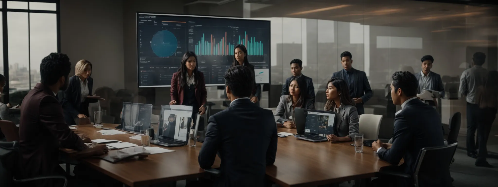people gather around a conference table, brainstorming and strategizing with a visible screen displaying video analytics and trends.