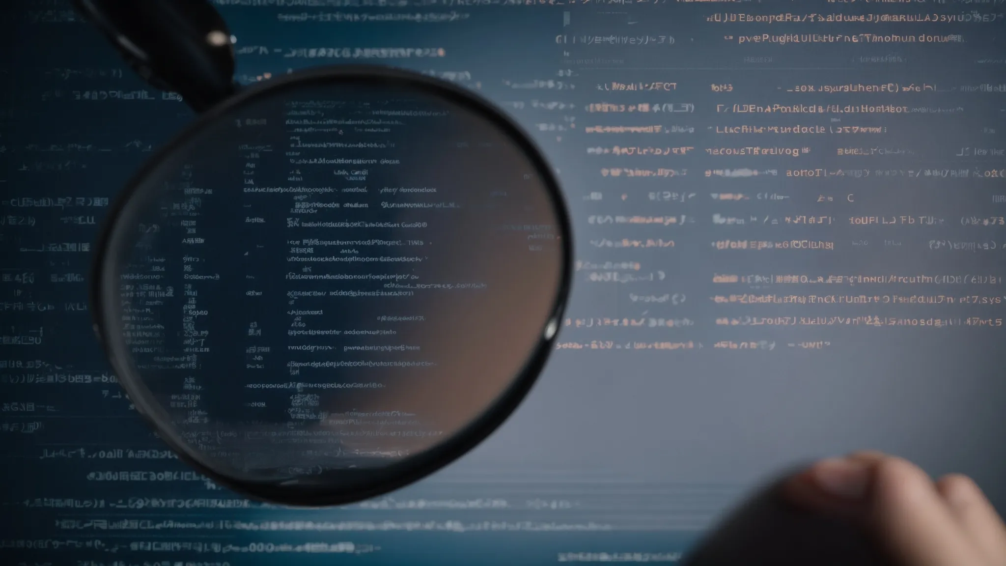 a person with a magnifying glass examining a lineup of website code on a computer screen.