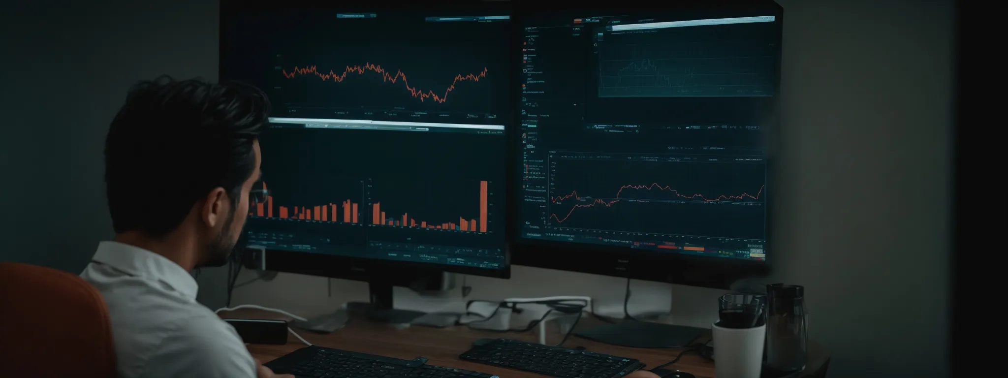 a person intently looking at a computer screen displaying graphs and analytics for seo performance.