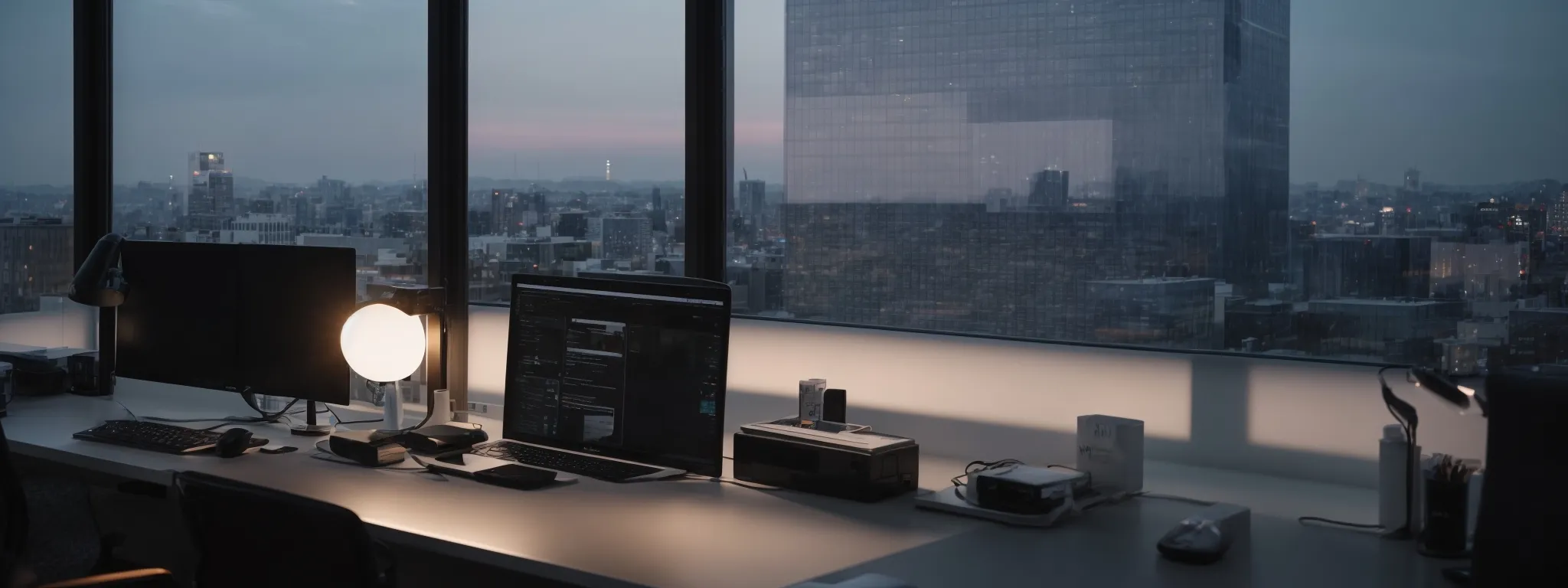 a minimalist office space with a computer displaying a clean, modern website design, viewed through a large window overlooking a bustling cityscape at dusk.