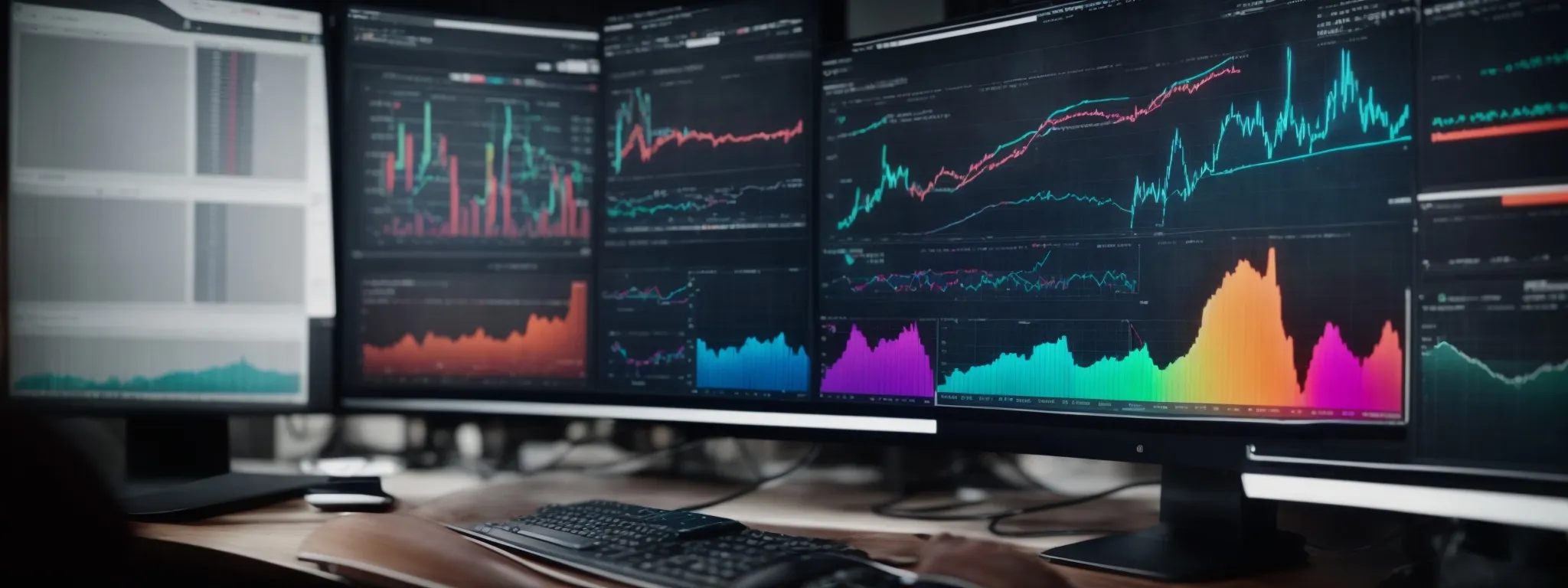 a computer screen displaying colorful graphs and charts illustrating website traffic and seo performance metrics.