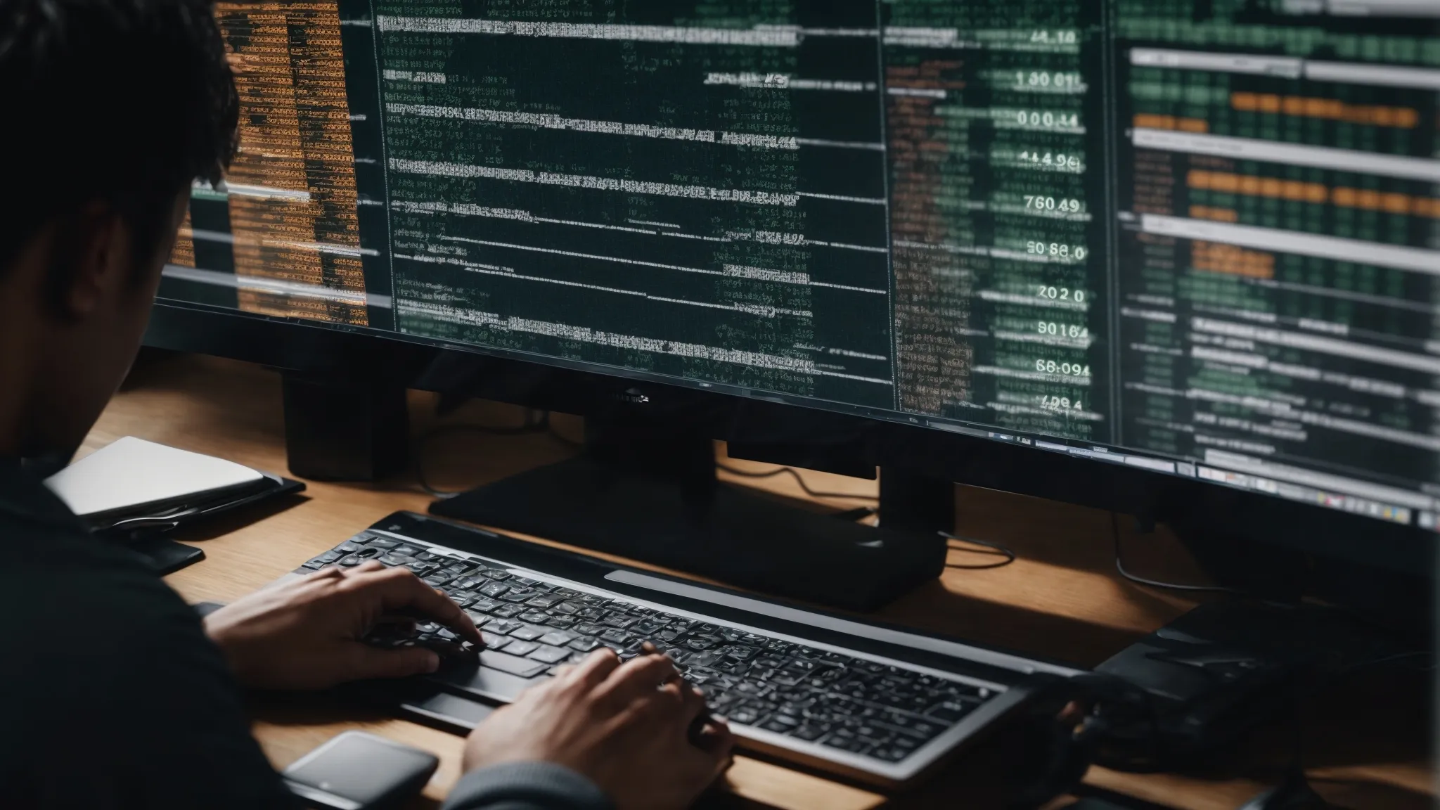 a person analyzing data trends on a computer with excel spreadsheets full of seo metrics visible on the screen.