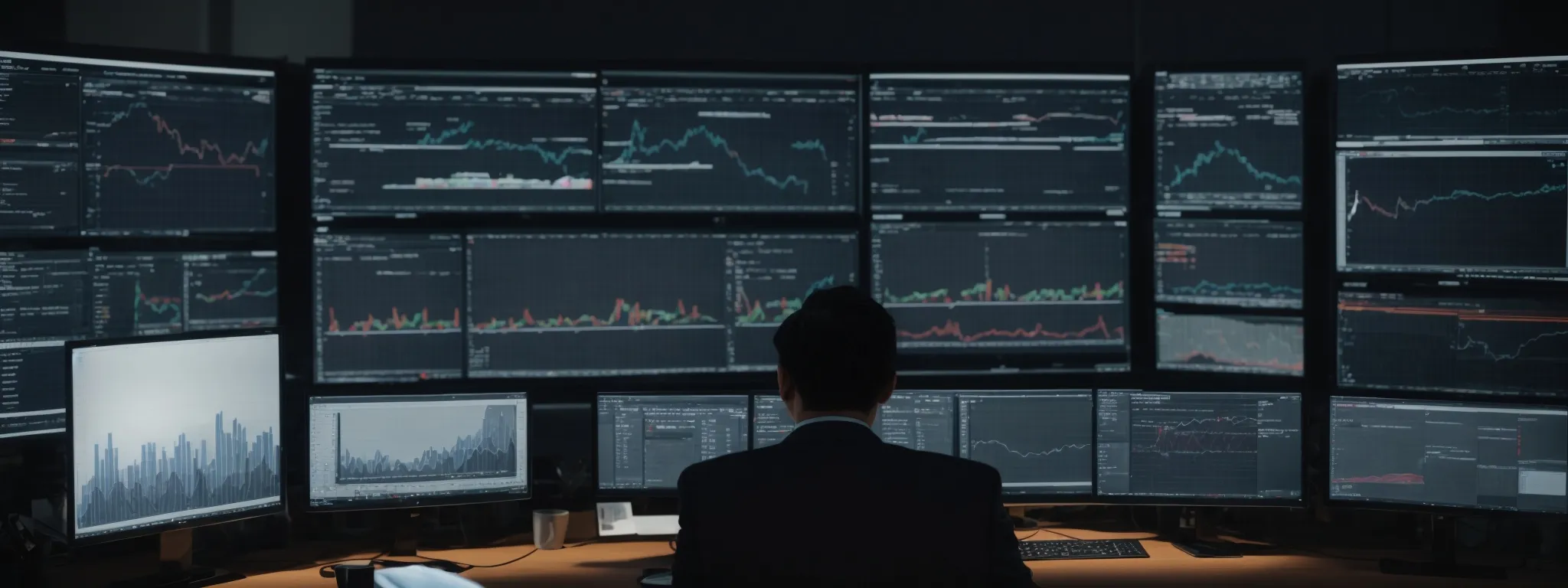 a person sits at a large desk, contemplating multiple computer screens displaying various digital marketing analytics and campaign management interfaces.