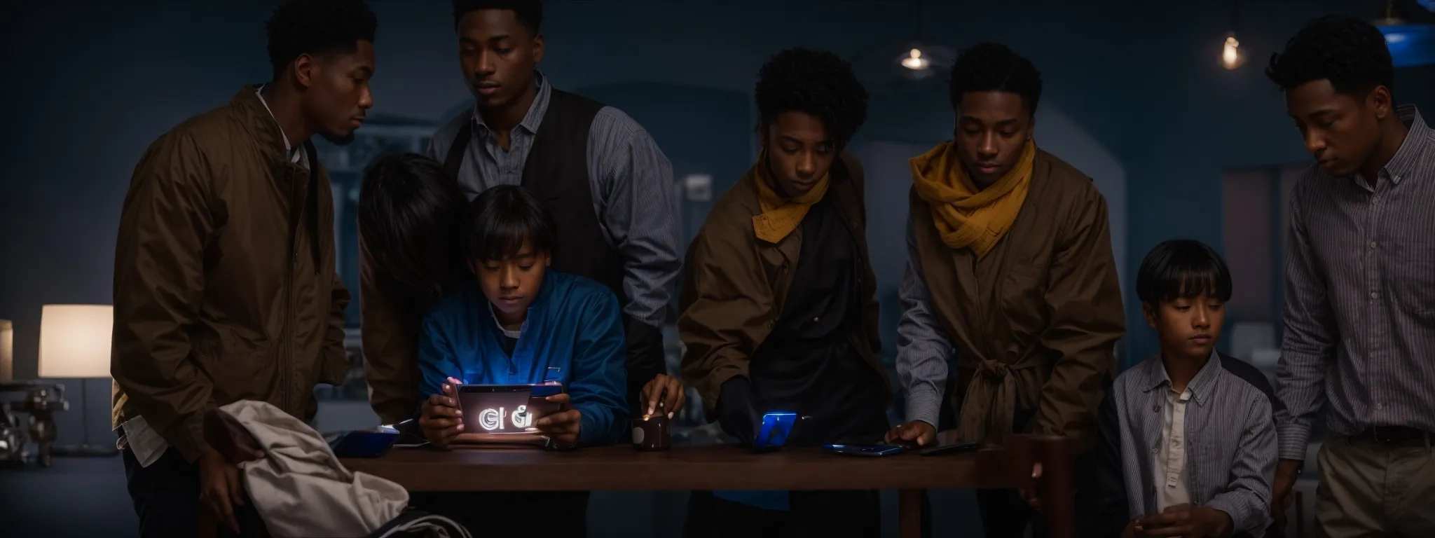 a group of individuals gather around a table, examining a mobile device that displays the general electric logo on its screen.