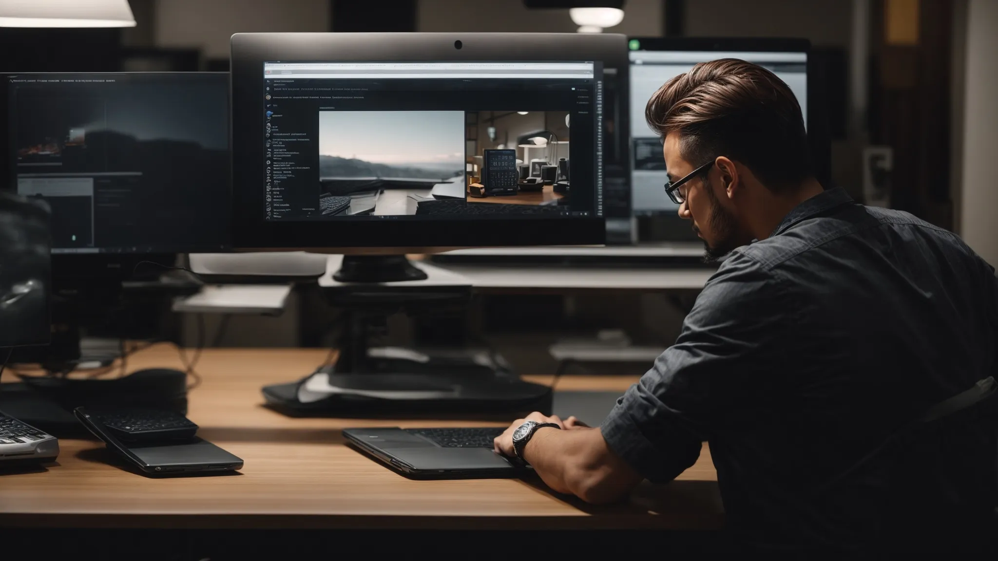 a webmaster optimizes a website's images for seo on a desktop computer in a well-organized office.