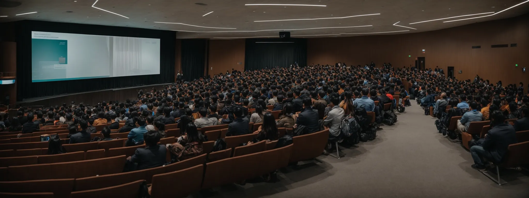 a spacious lecture hall filled with students attentively watching a presentation on a large screen about digital marketing trends.