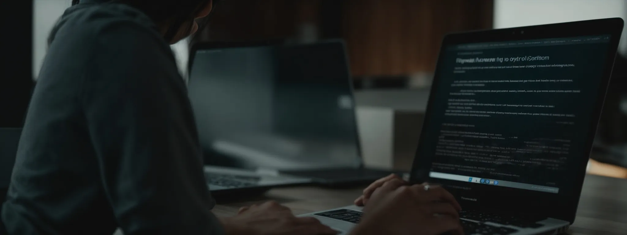 a person typing on a laptop with a visible webpage layout on the screen, symbolizing digital content creation.