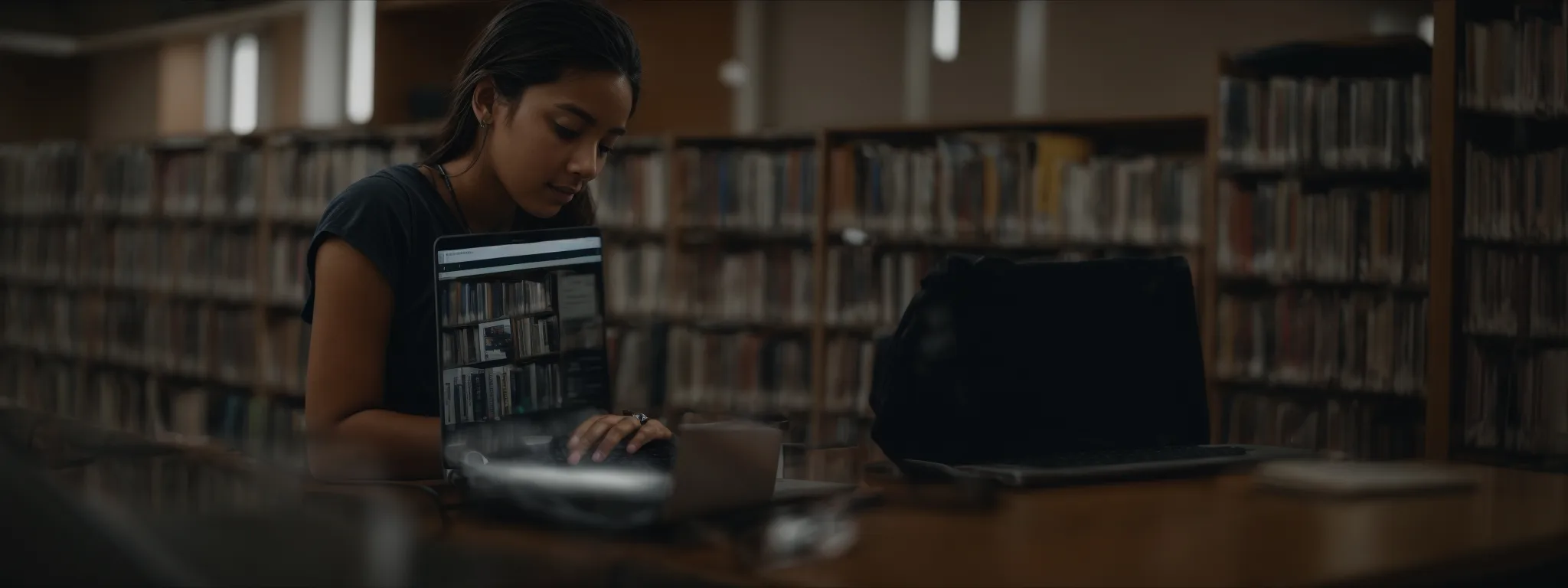 a college student browses through an optimized educational webpage on a laptop in a library.