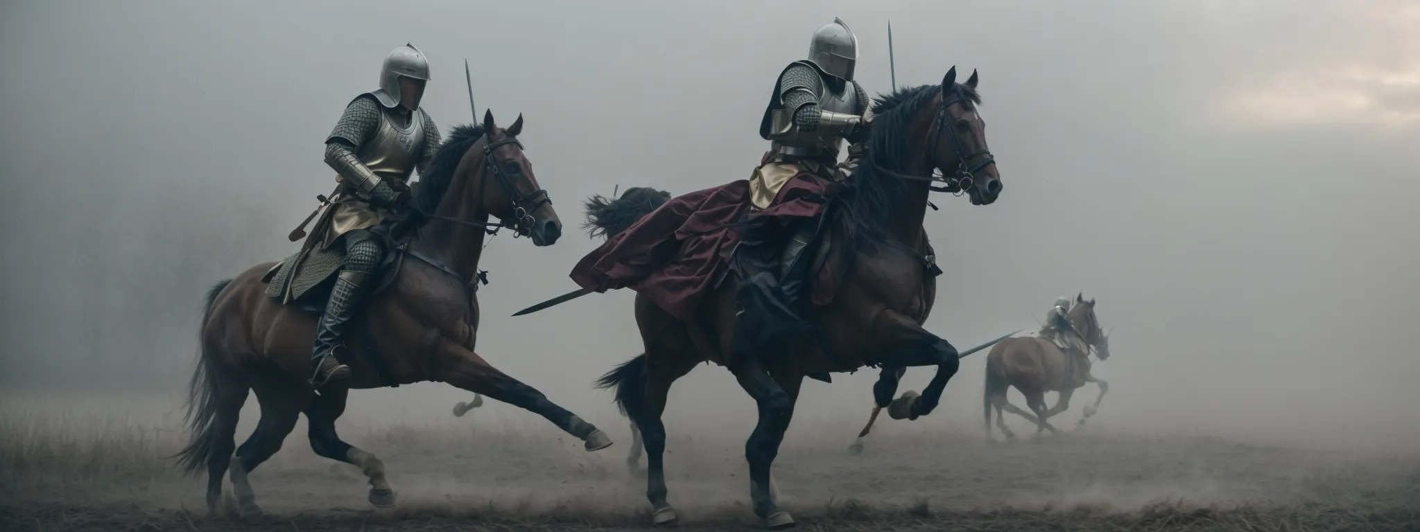 two knights clashing swords on a foggy battlefield.