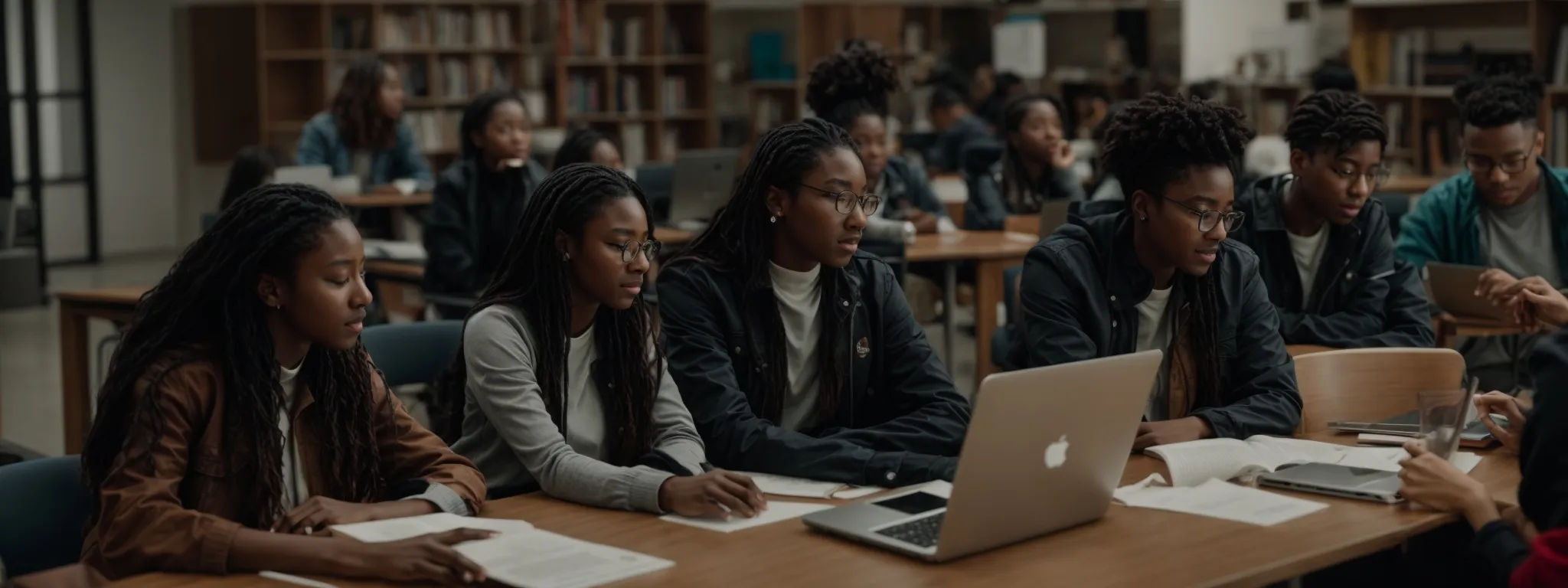 a diverse group of students engaged in a collaborative discussion around a table with laptops and books, symbolizing the target audience for an academic program's keyword strategy.