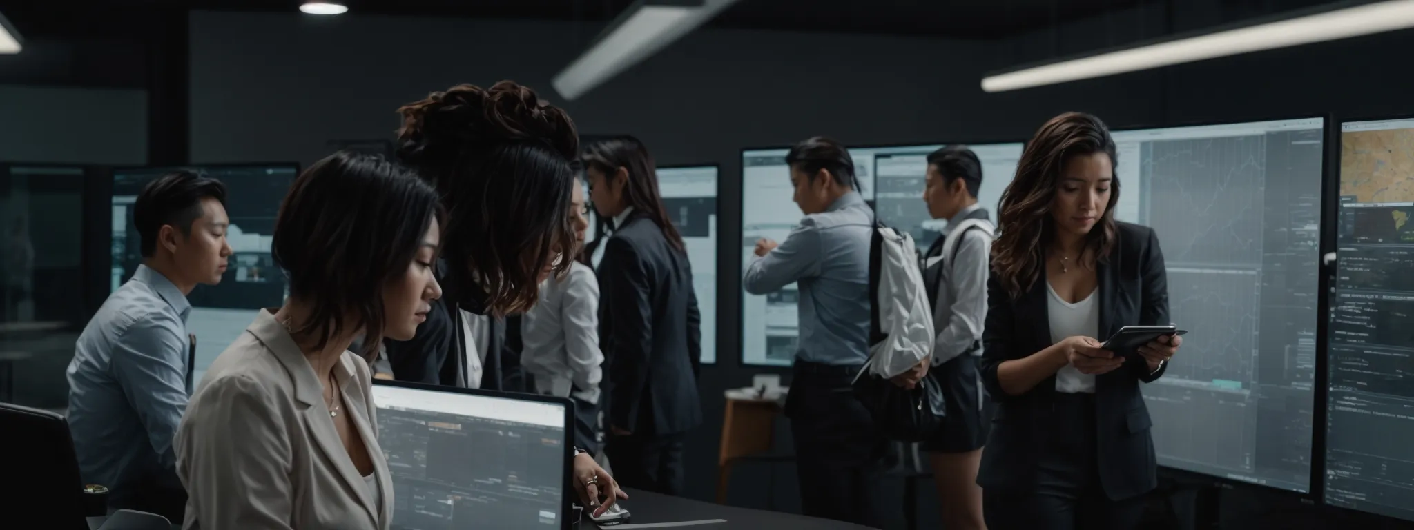 a professional digital marketing team intensely scrutinizes graphical analytics on a large screen to strategize their next marketing move.