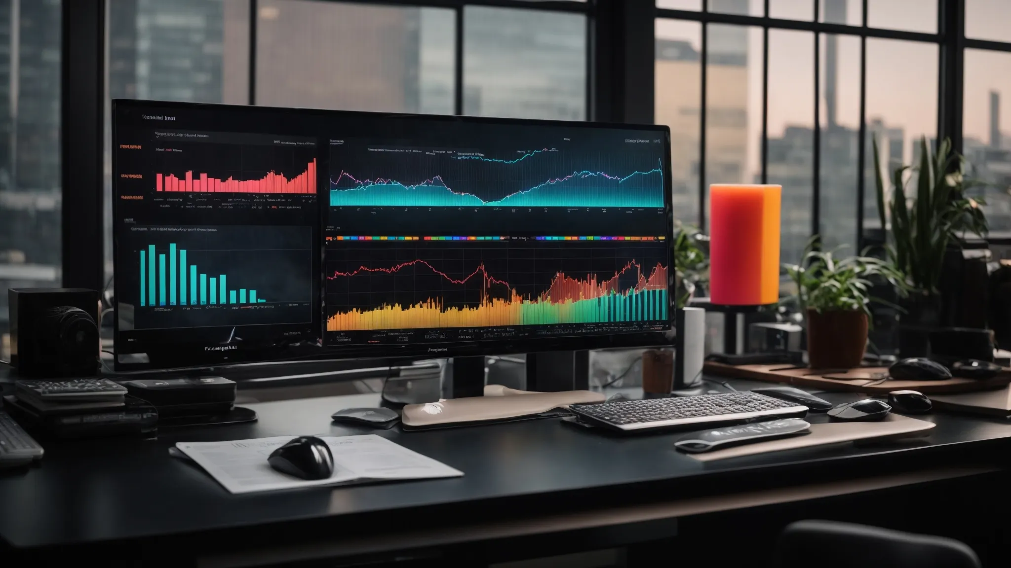 a desktop with a large monitor displaying colorful graphs and seo analysis reports, alongside a keyboard and mouse.