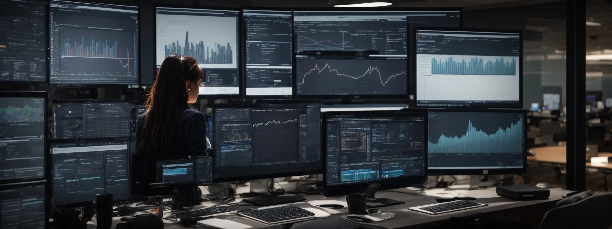 a person at a workstation with multiple computer screens displaying analytics and seo tools, surrounded by notes and strategy diagrams.