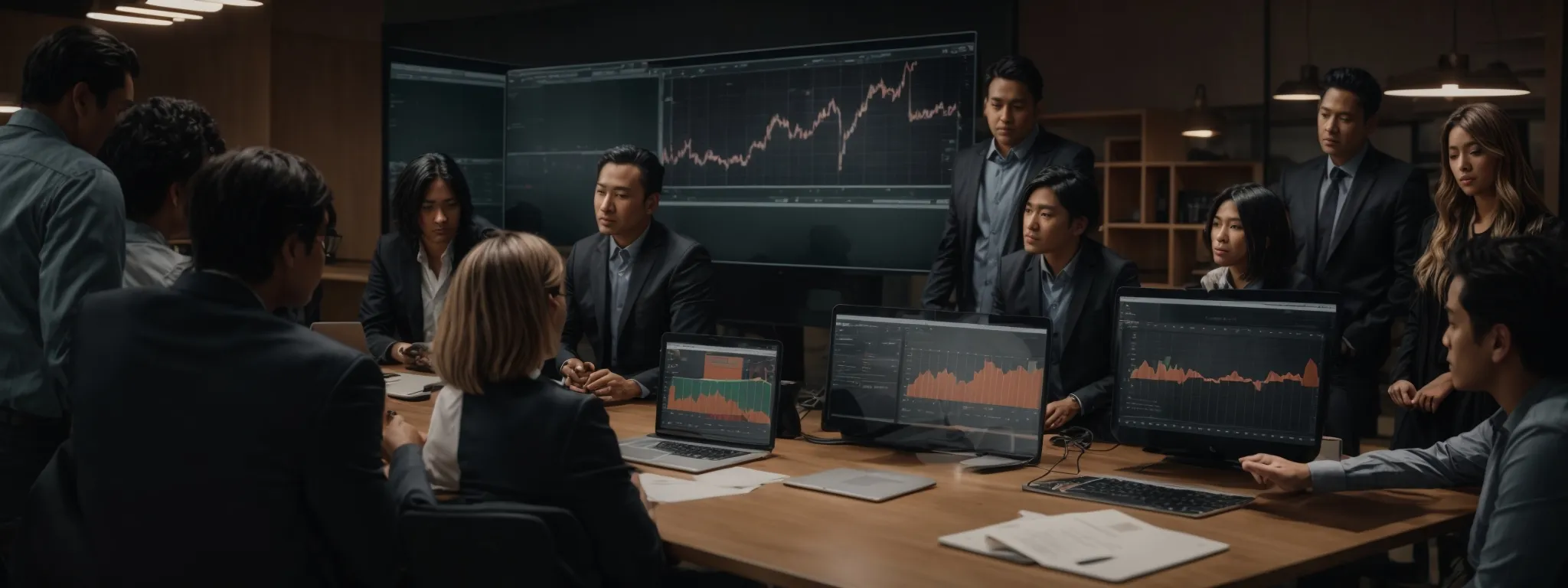 a group of professionals gathered around a laptop, discussing charts and graphs that indicate growth in website traffic.