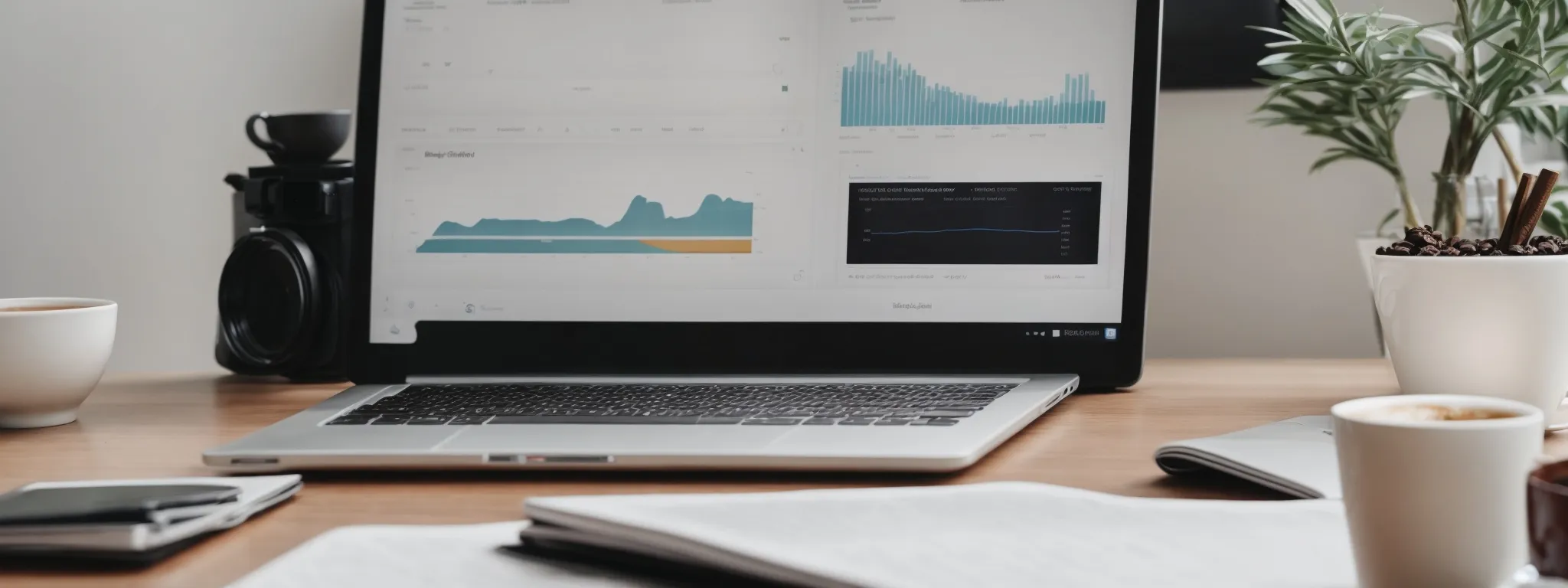 a laptop with an seo analytics dashboard open beside a coffee cup on a minimalist desk.