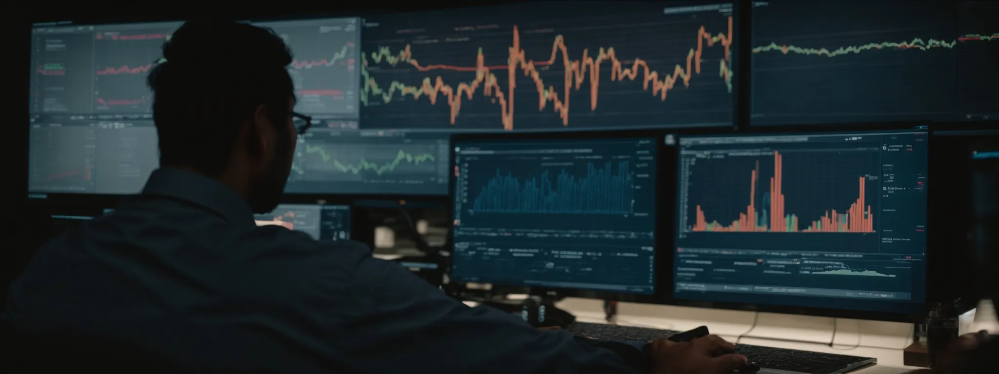 a person sitting at a computer with graphs and analytics on the screen, engaging in seo strategy planning.